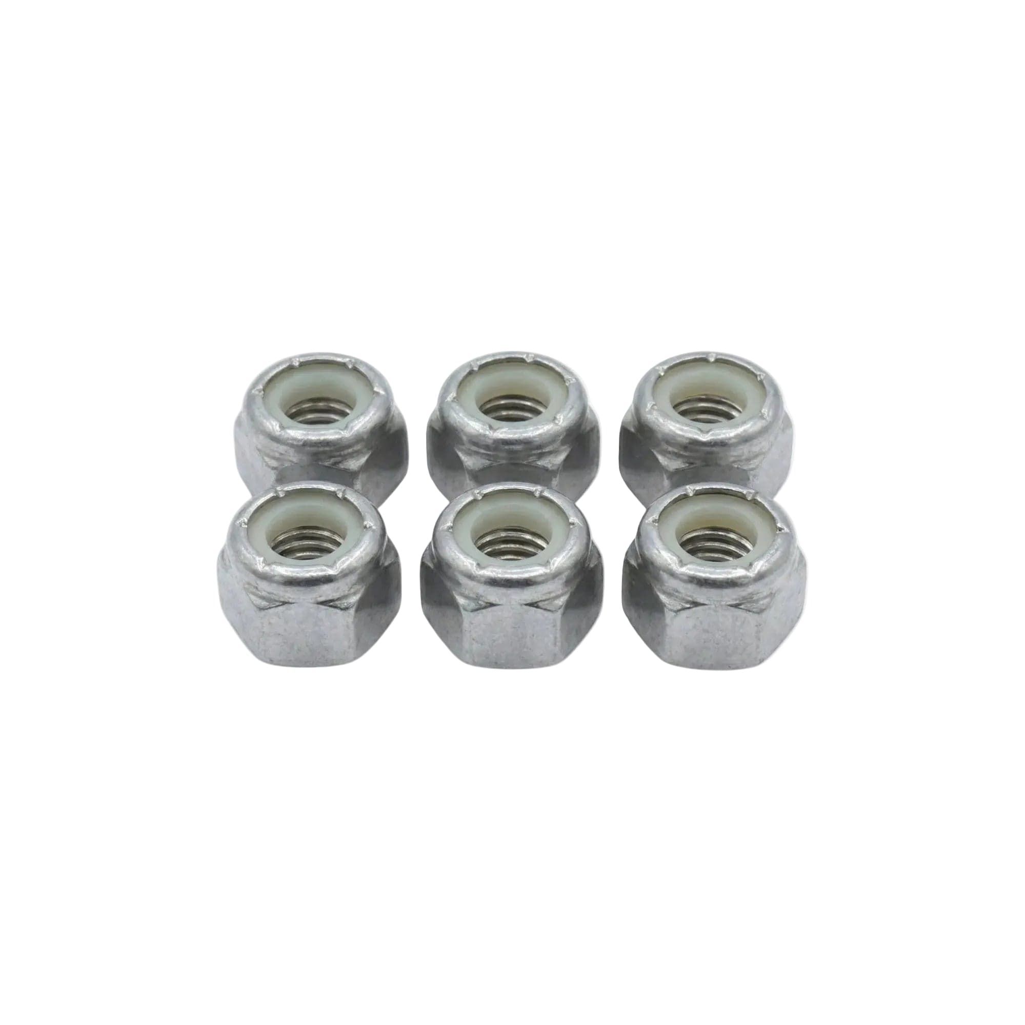 Six metal nuts on a white background